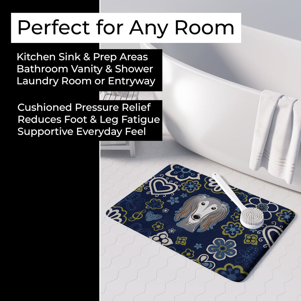 Blue Flowers Saluki Memory Foam Kitchen Mat Machine Washable Anti-Fatigue Cushion Comfort Bath or Kitchen Rug