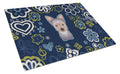 Blue Flowers Yorkie Puppy Cutting Board Tempered Glass Kitchen Cutting Surface, Heat Resistant Chopping, Non-Slip Feet, Food Prep & Serving