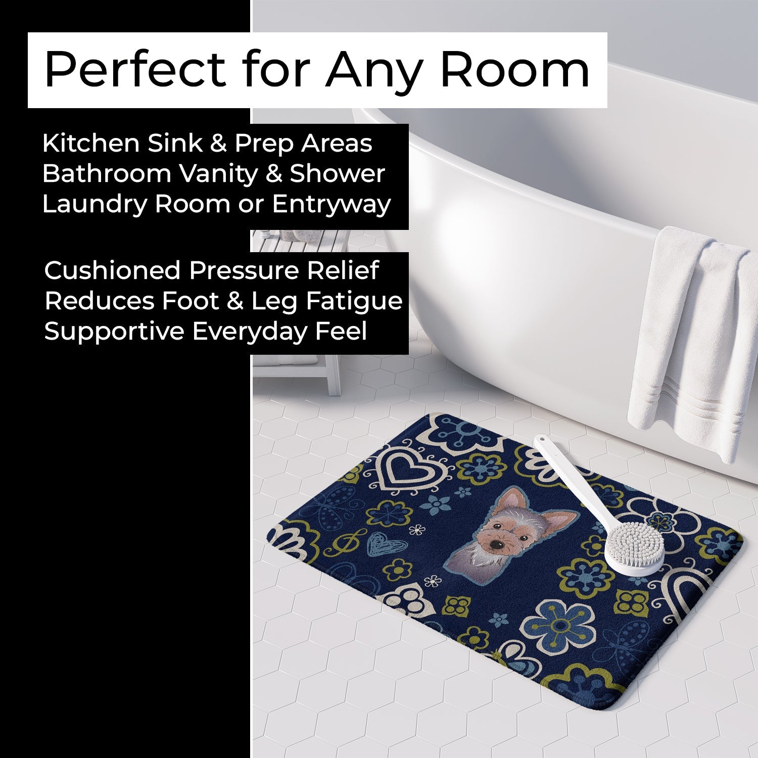 Blue Flowers Yorkie Puppy Memory Foam Kitchen Mat Machine Washable Anti-Fatigue Cushion Comfort Bath or Kitchen Rug