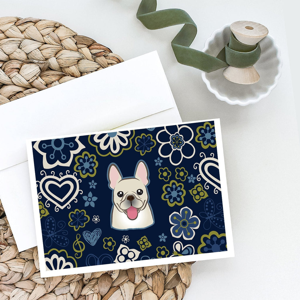 Blue Flowers French Bulldog Greeting Cards Pack of 8 Blank Cards with Envelopes Whimsical A7 Size 5x7