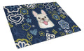 Blue Flowers French Bulldog Cutting Board Tempered Glass Kitchen Cutting Surface, Heat Resistant Chopping, Non-Slip Feet, Food Prep & Serving
