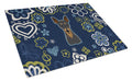 Blue Flowers Min Pin Cutting Board Tempered Glass Kitchen Cutting Surface, Heat Resistant Chopping, Non-Slip Feet, Food Prep & Serving