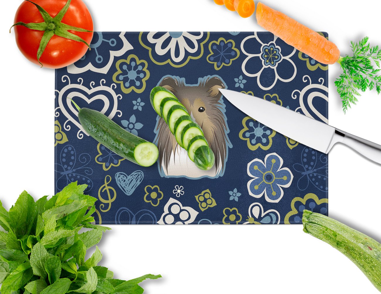 Blue Flowers Sheltie Cutting Board Tempered Glass Kitchen Cutting Surface, Heat Resistant Chopping, Non-Slip Feet, Food Prep & Serving