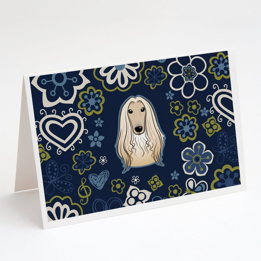 Blue Flowers Afghan Hound Greeting Cards Pack of 8 Blank Cards with Envelopes Whimsical A7 Size 5x7