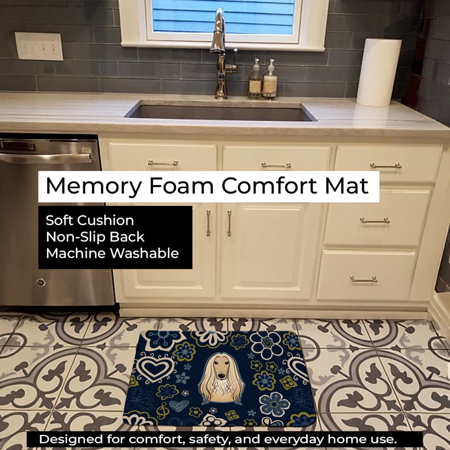 Blue Flowers Afghan Hound Memory Foam Kitchen Mat Machine Washable Anti-Fatigue Cushion Comfort Bath or Kitchen Rug