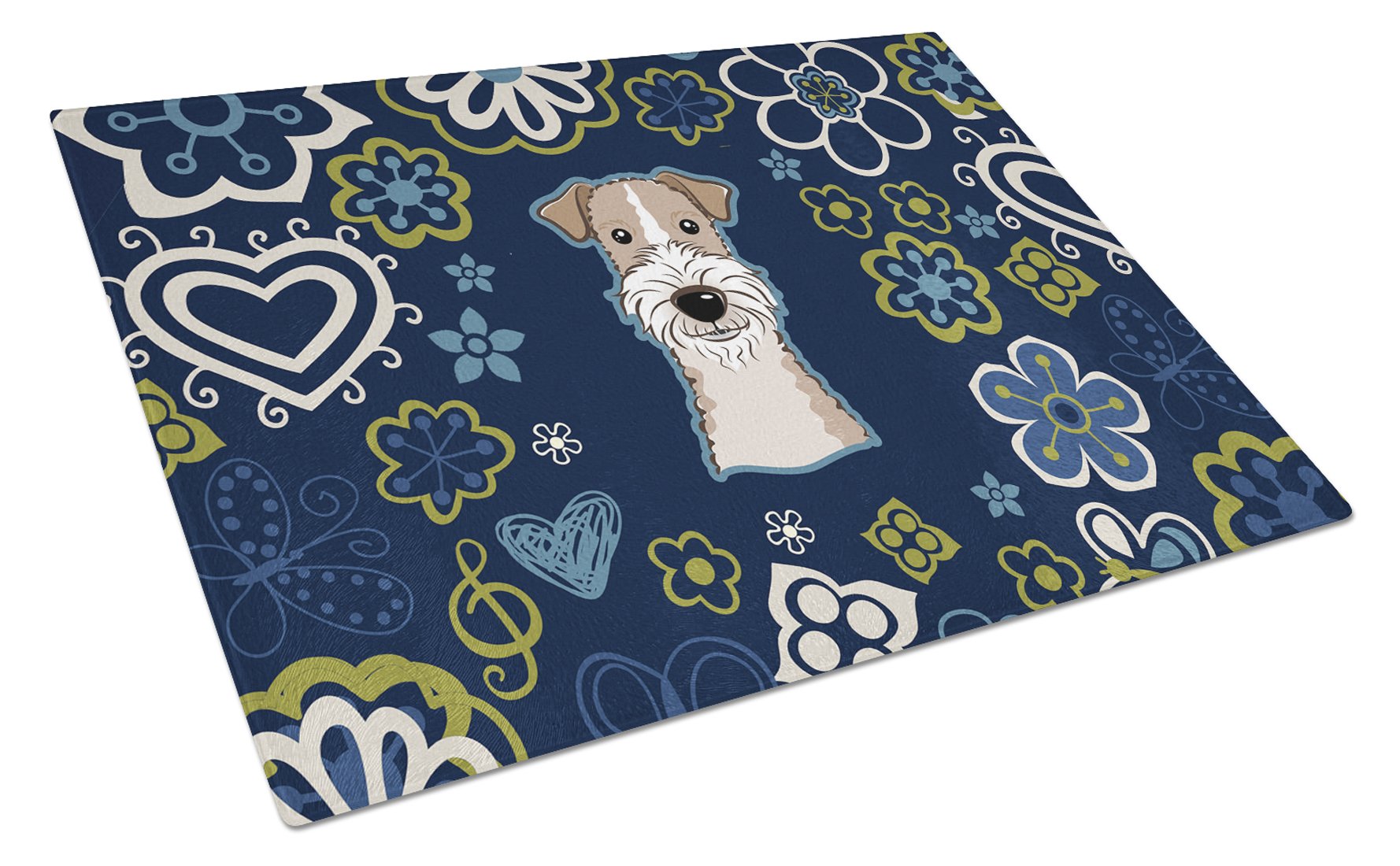Blue Flowers Wire Haired Fox Terrier Cutting Board Tempered Glass Kitchen Cutting Surface, Heat Resistant Chopping, Non-Slip Feet, Food Prep & Serving