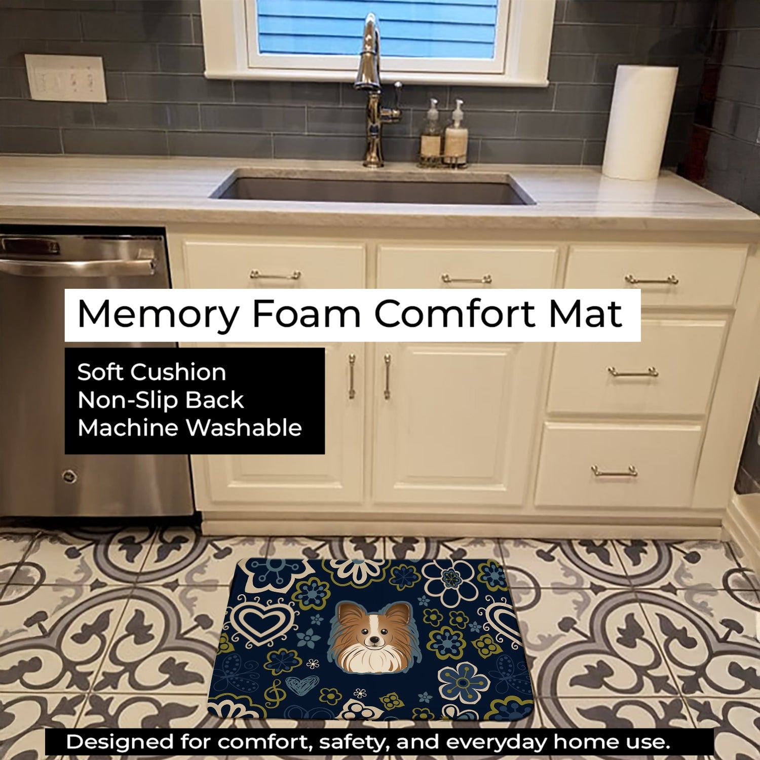 Blue Flowers Papillon Memory Foam Kitchen Mat Machine Washable Anti-Fatigue Cushion Comfort Bath or Kitchen Rug