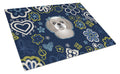 Blue Flowers Gray Silver Shih Tzu Cutting Board Tempered Glass Kitchen Cutting Surface, Heat Resistant Chopping, Non-Slip Feet, Food Prep & Serving
