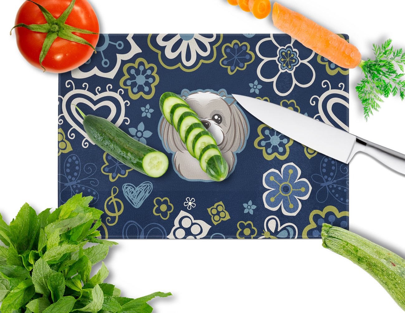 Blue Flowers Gray Silver Shih Tzu Cutting Board Tempered Glass Kitchen Cutting Surface, Heat Resistant Chopping, Non-Slip Feet, Food Prep & Serving