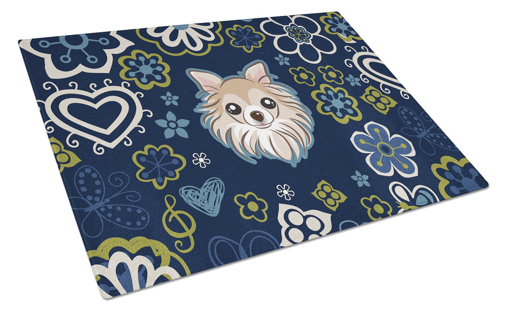 Blue Flowers Chihuahua Cutting Board Tempered Glass Kitchen Cutting Surface, Heat Resistant Chopping, Non-Slip Feet, Food Prep & Serving