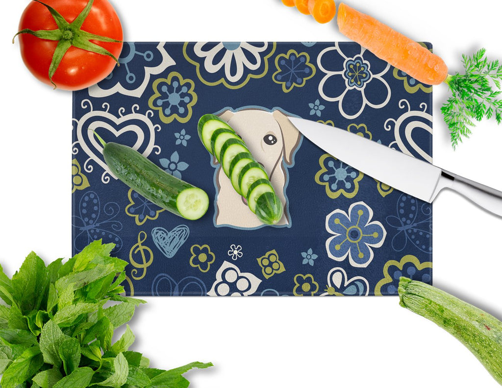 Blue Flowers Golden Retriever Cutting Board Tempered Glass Kitchen Cutting Surface, Heat Resistant Chopping, Non-Slip Feet, Food Prep & Serving