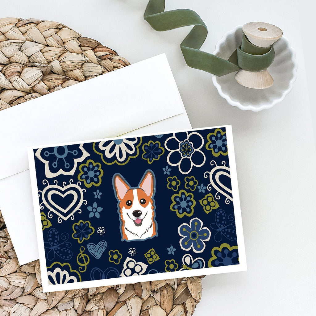 Blue Flowers Red Corgi Greeting Cards Pack of 8 Blank Cards with Envelopes Whimsical A7 Size 5x7