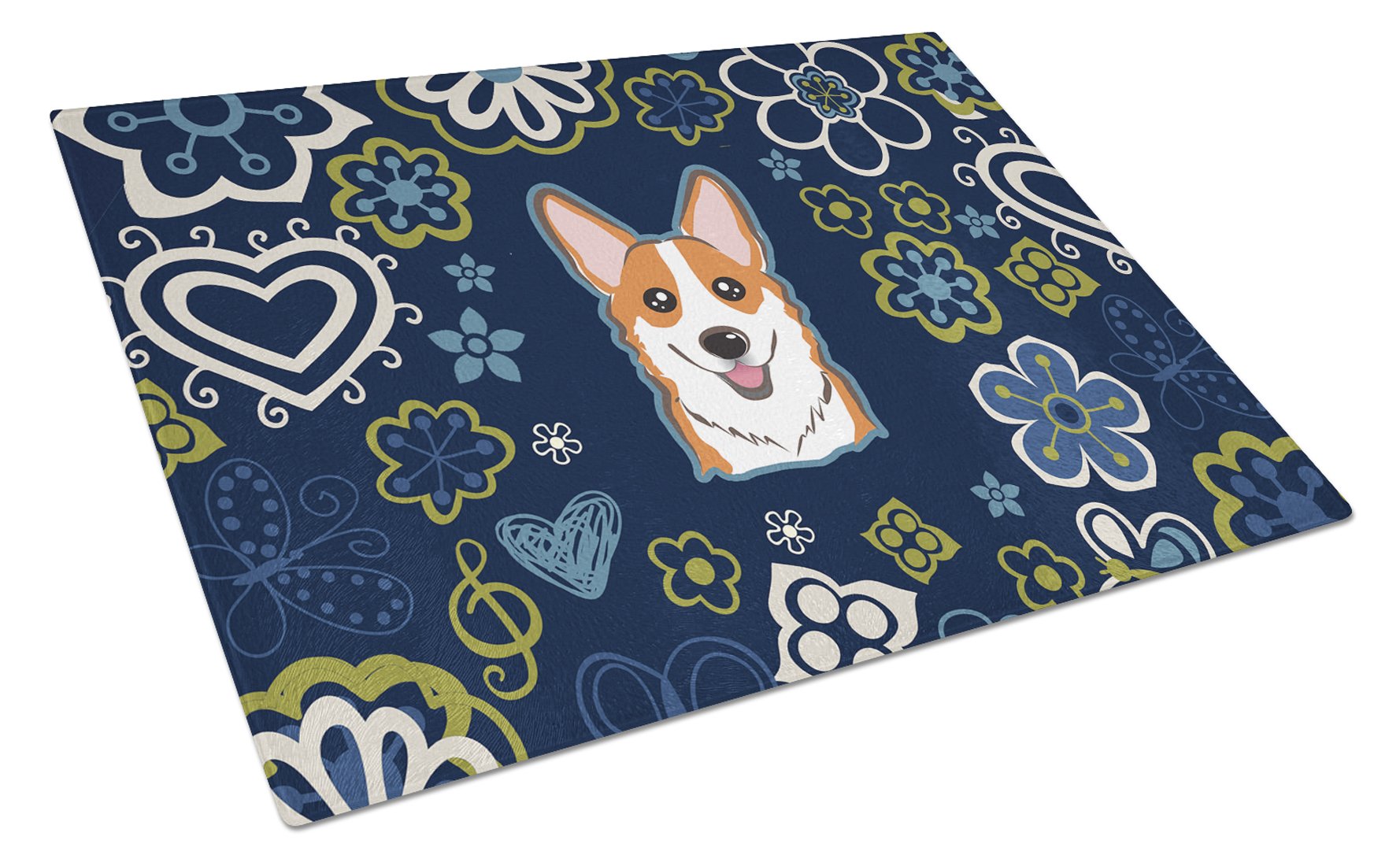 Blue Flowers Red Corgi Cutting Board Tempered Glass Kitchen Cutting Surface, Heat Resistant Chopping, Non-Slip Feet, Food Prep & Serving