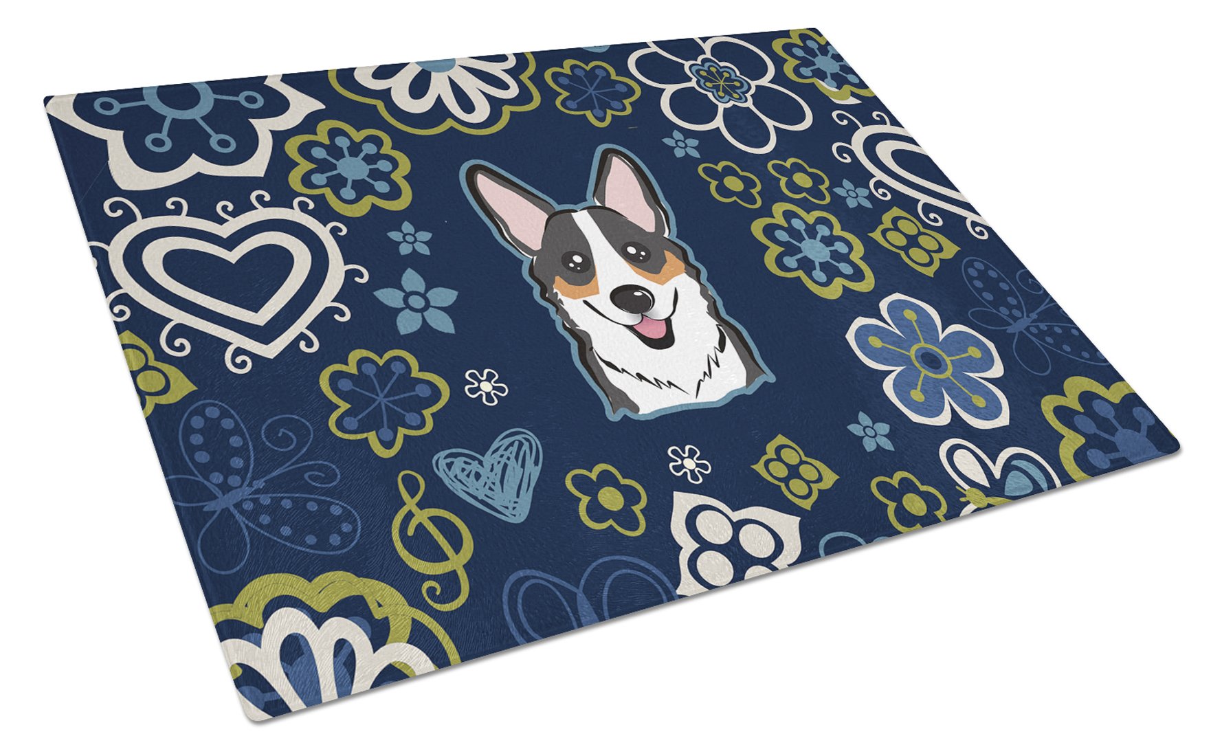 Blue Flowers Tricolor Corgi Cutting Board Tempered Glass Kitchen Cutting Surface, Heat Resistant Chopping, Non-Slip Feet, Food Prep & Serving