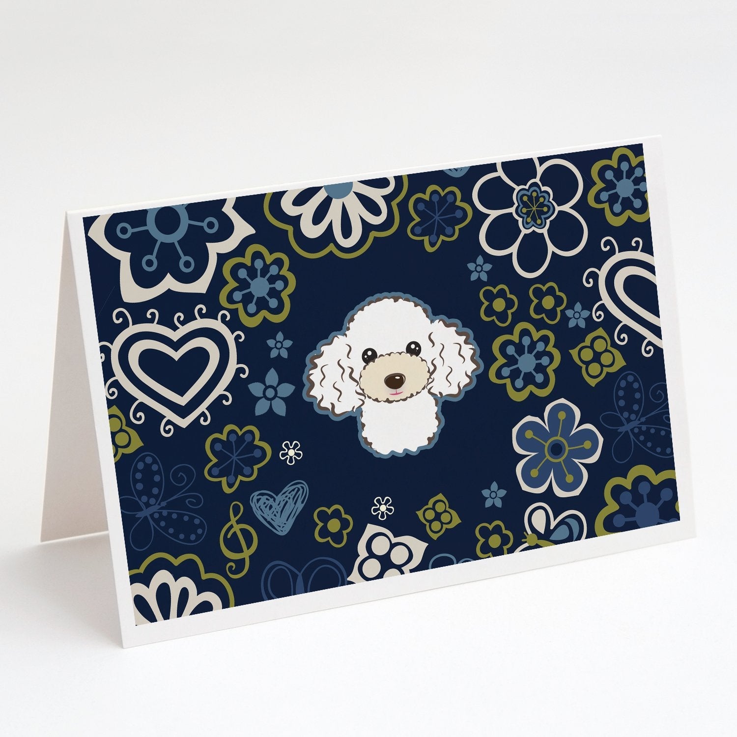 Blue Flowers White Poodle Greeting Cards Pack of 8 Blank Cards with Envelopes Whimsical A7 Size 5x7