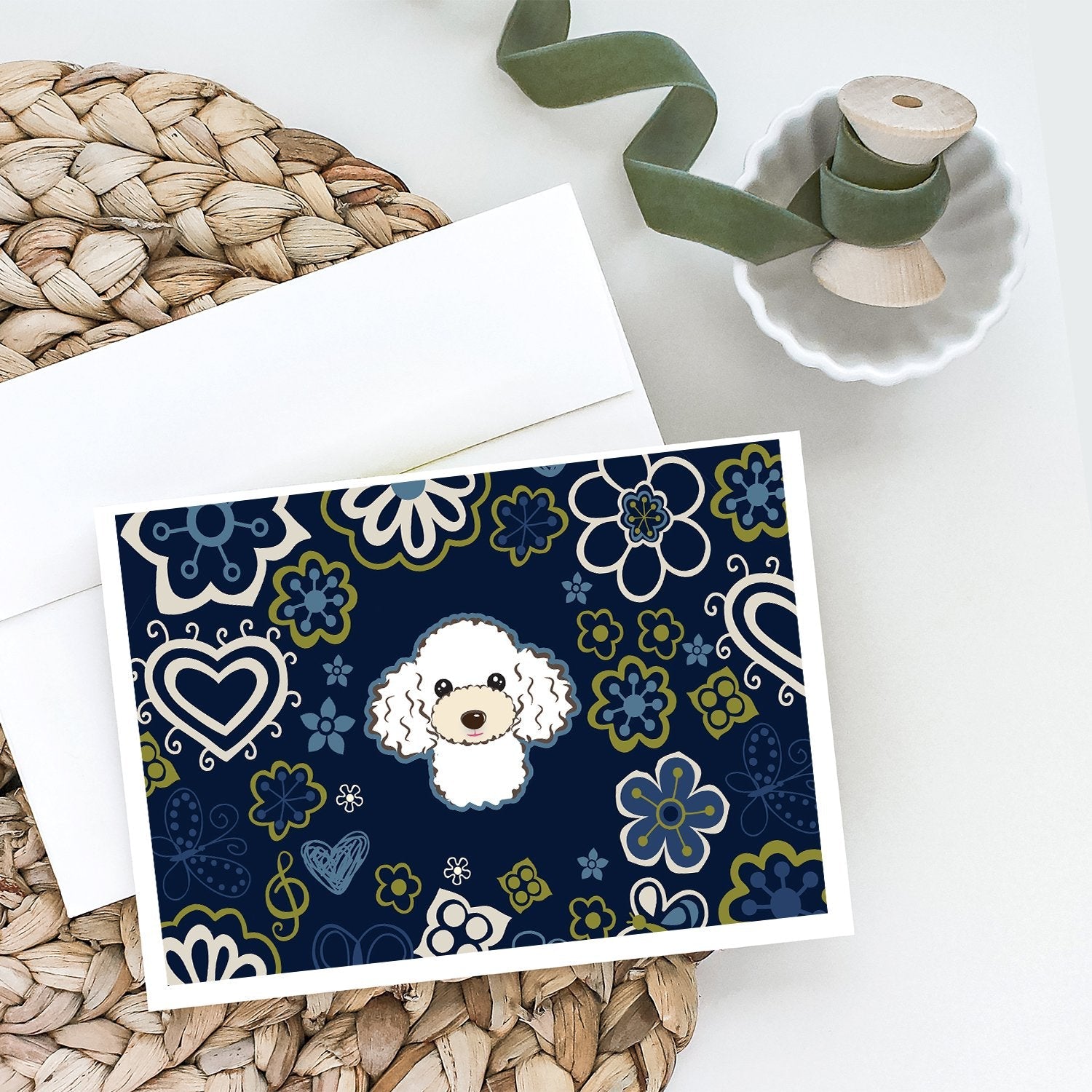 Blue Flowers White Poodle Greeting Cards Pack of 8 Blank Cards with Envelopes Whimsical A7 Size 5x7