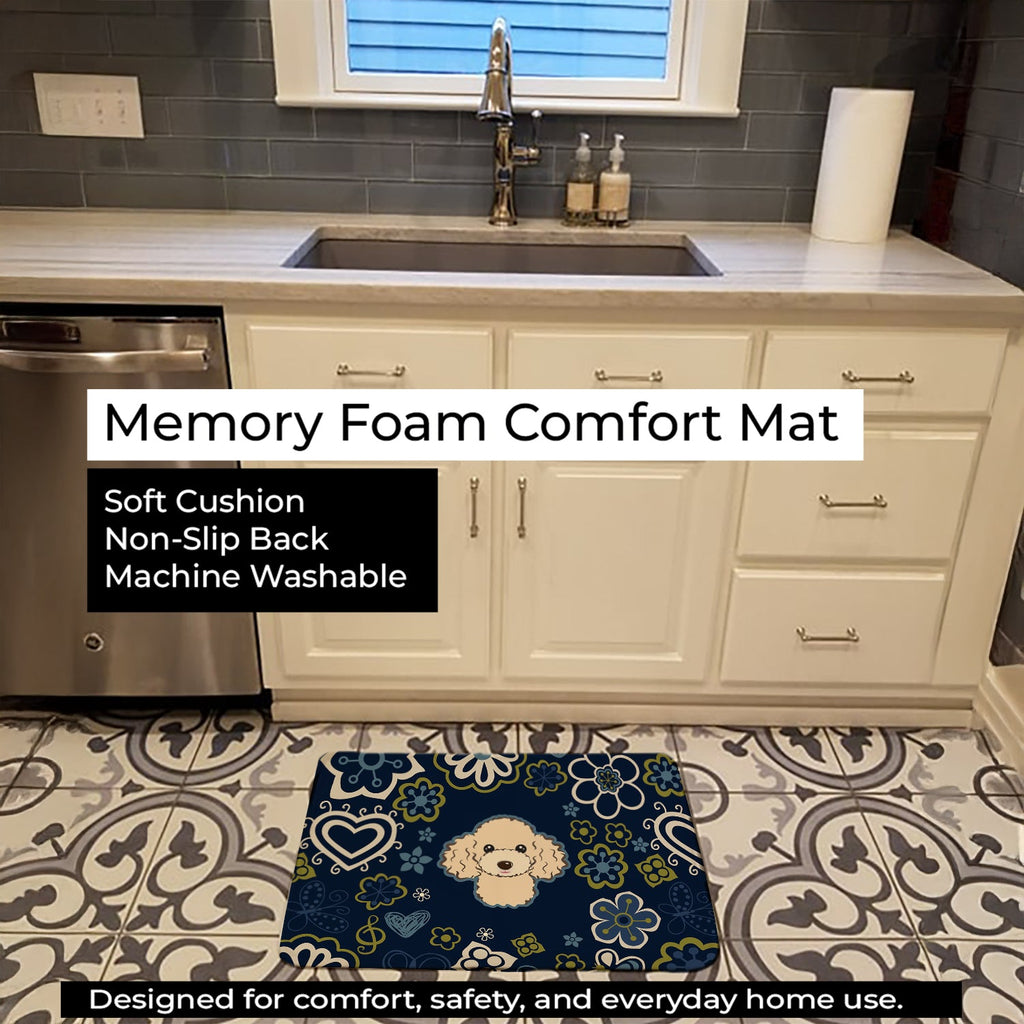Blue Flowers Buff Poodle Memory Foam Kitchen Mat Machine Washable Anti-Fatigue Cushion Comfort Bath or Kitchen Rug