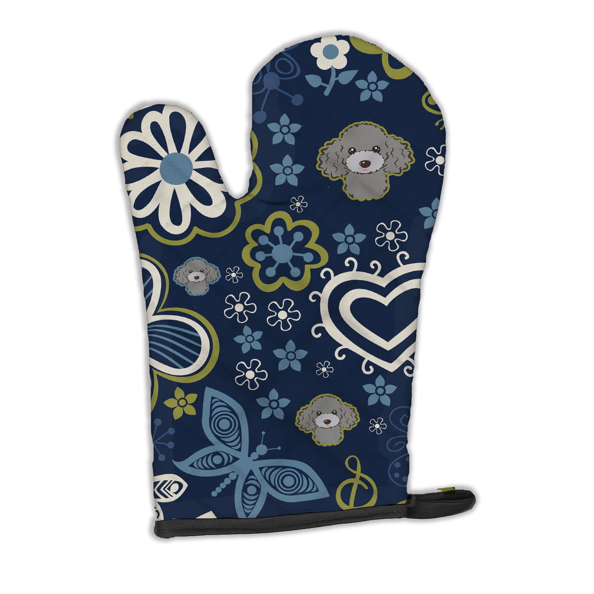 Blue Flowers Silver Gray Poodle Oven Mitt Heat Resistant Thick Oven Mitt for Hot Pans and Oven, Kitchen Mitt Protect Hands, Cooking Baking Glove