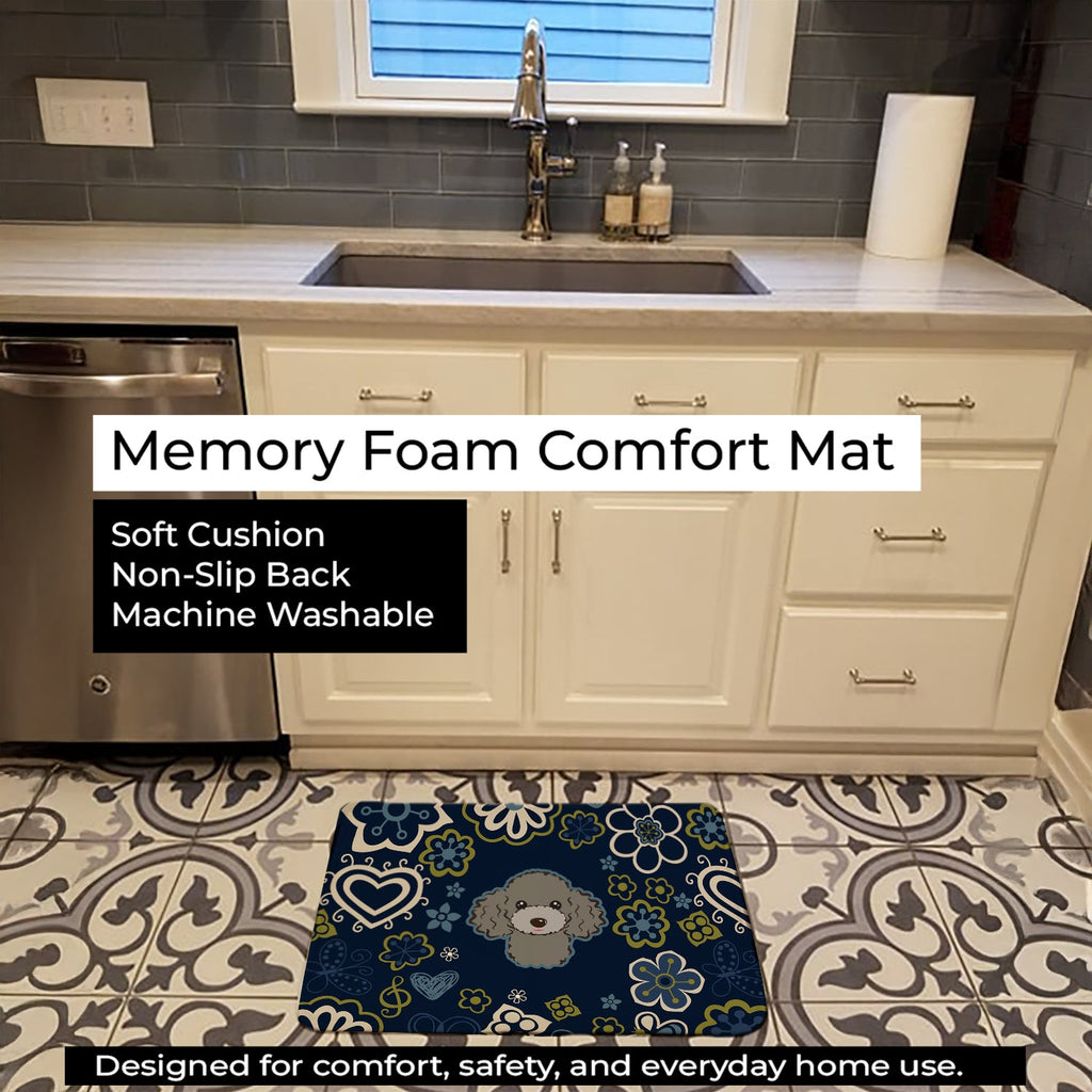 Blue Flowers Silver Gray Poodle Memory Foam Kitchen Mat Machine Washable Anti-Fatigue Cushion Comfort Bath or Kitchen Rug