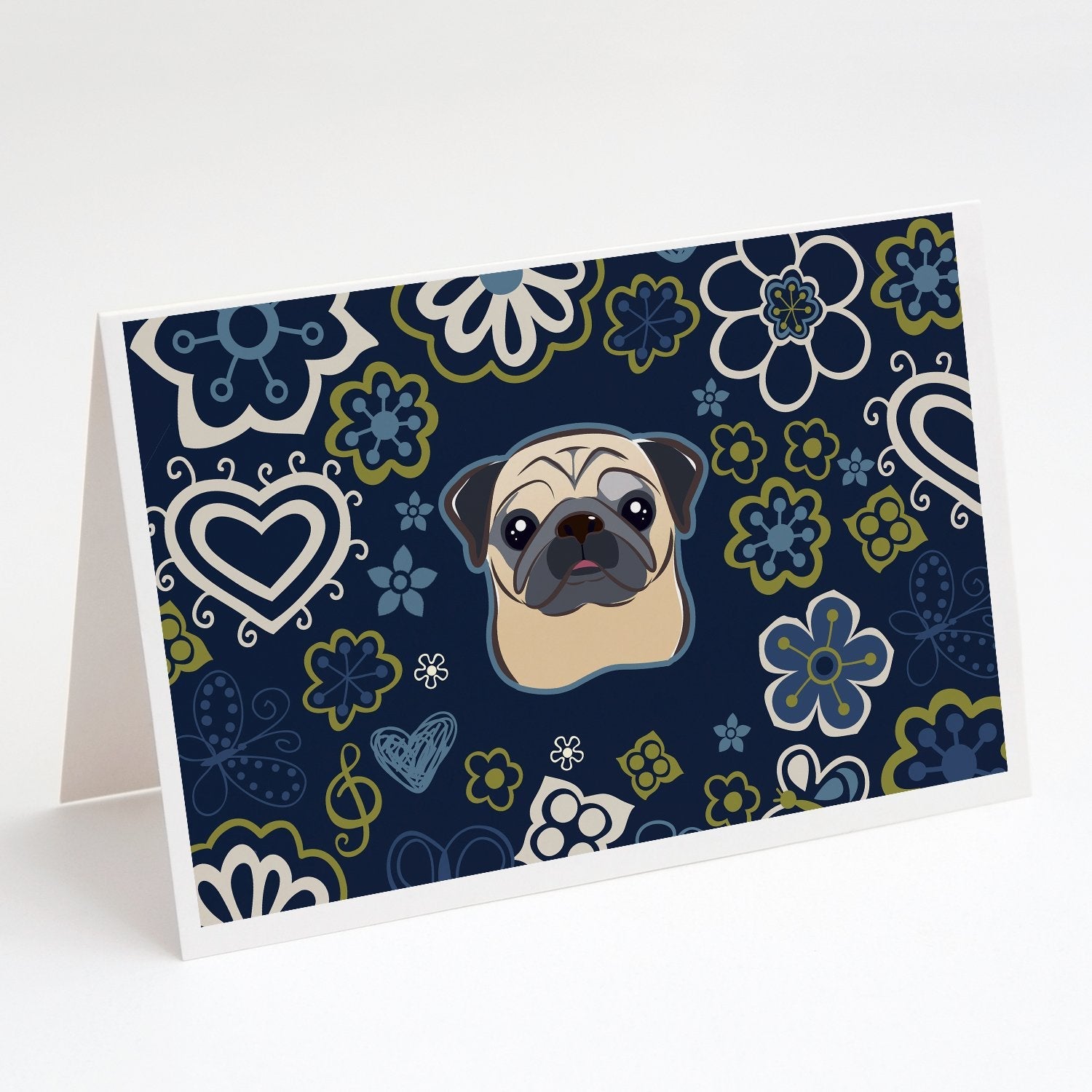 Blue Flowers Fawn Pug Greeting Cards Pack of 8 Blank Cards with Envelopes Whimsical A7 Size 5x7