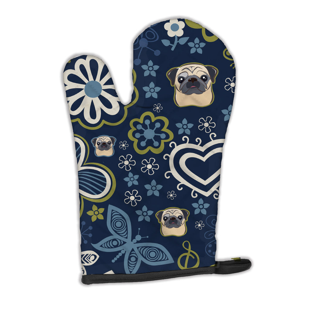 Blue Flowers Fawn Pug Oven Mitt Heat Resistant Thick Oven Mitt for Hot Pans and Oven, Kitchen Mitt Protect Hands, Cooking Baking Glove