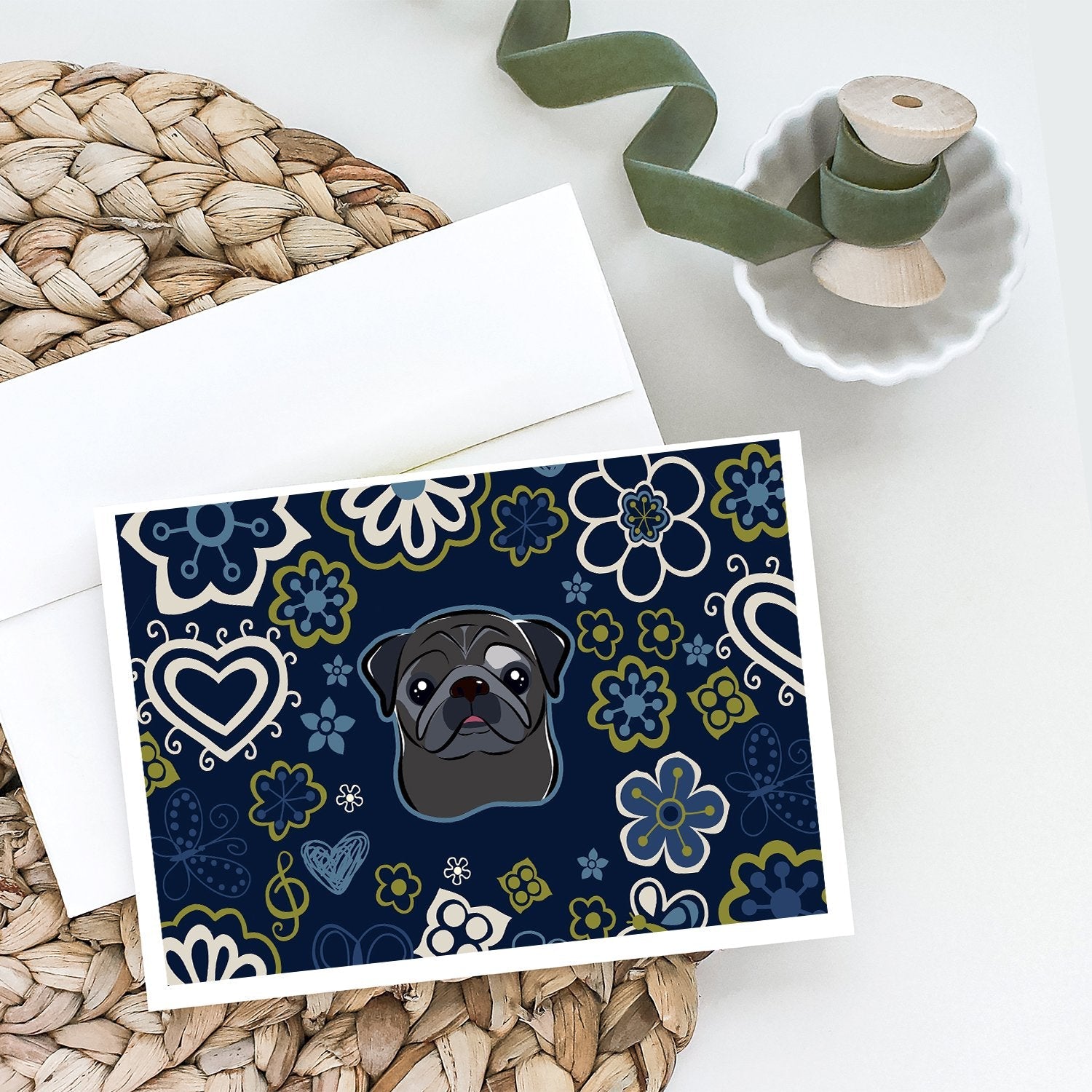 Blue Flowers Black Pug Greeting Cards Pack of 8 Blank Cards with Envelopes Whimsical A7 Size 5x7