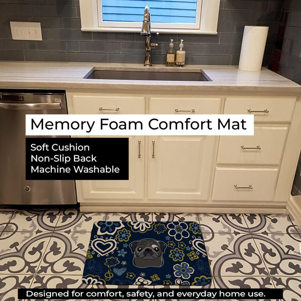 Blue Flowers Black Pug Memory Foam Kitchen Mat Machine Washable Anti-Fatigue Cushion Comfort Bath or Kitchen Rug