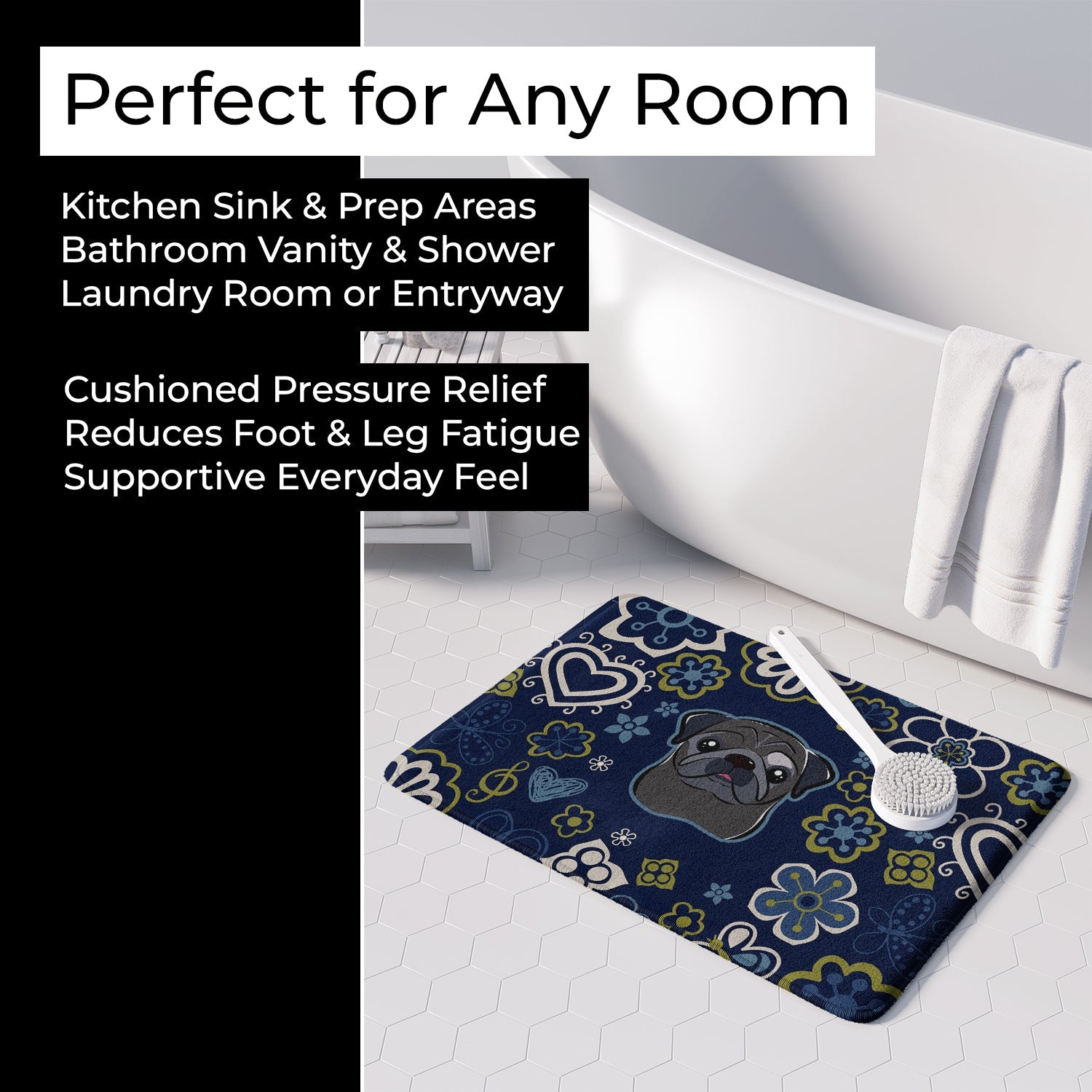 Blue Flowers Black Pug Memory Foam Kitchen Mat Machine Washable Anti-Fatigue Cushion Comfort Bath or Kitchen Rug