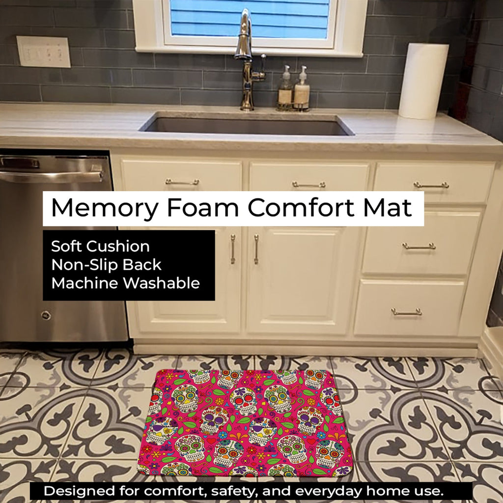 Day of the Dead Pink Memory Foam Kitchen Mat Machine Washable Anti-Fatigue Cushion Comfort Bath or Kitchen Rug