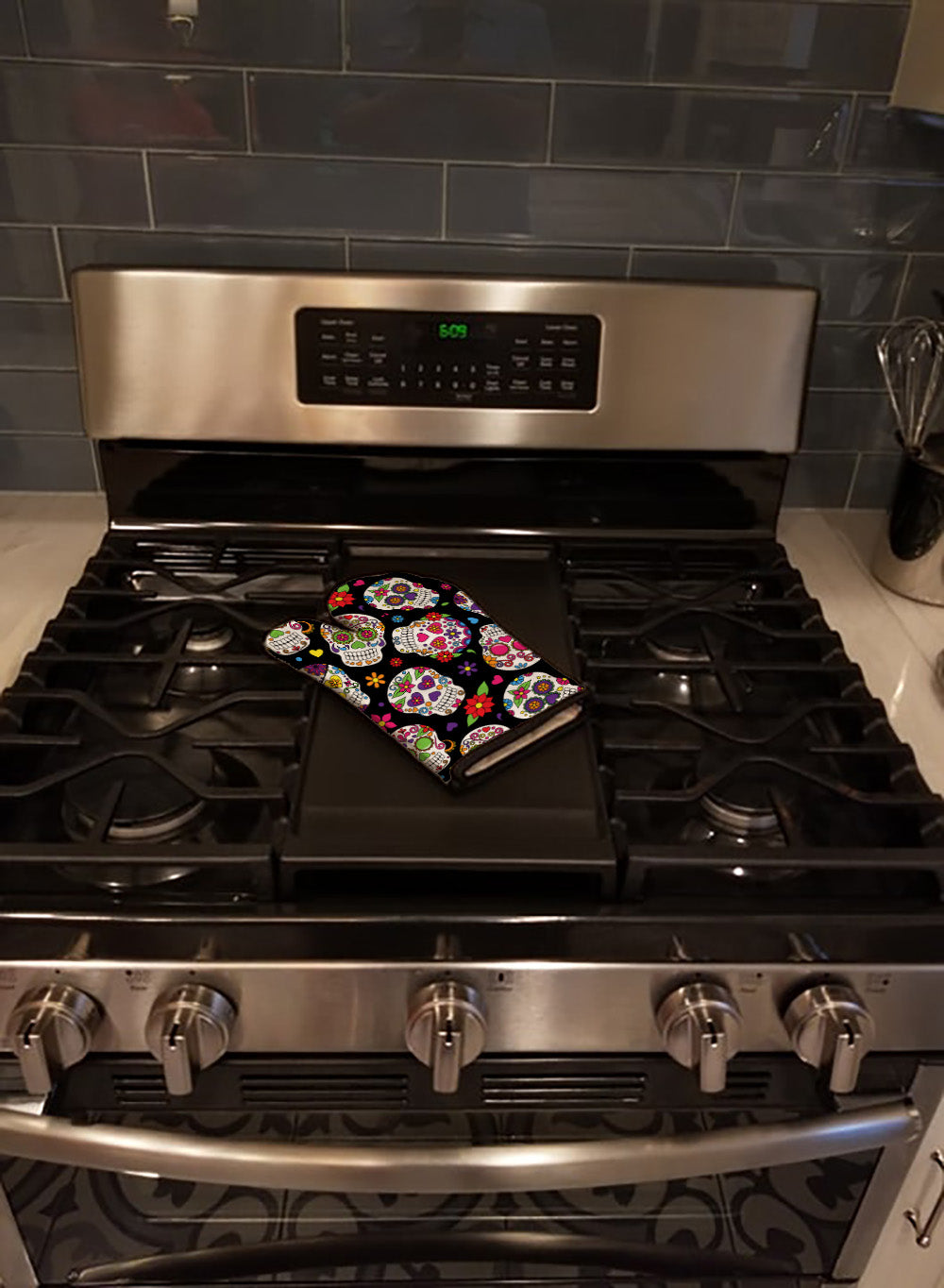 Day of the Dead Black Oven Mitt Heat Resistant Thick Oven Mitt for Hot Pans and Oven, Kitchen Mitt Protect Hands, Cooking Baking Glove
