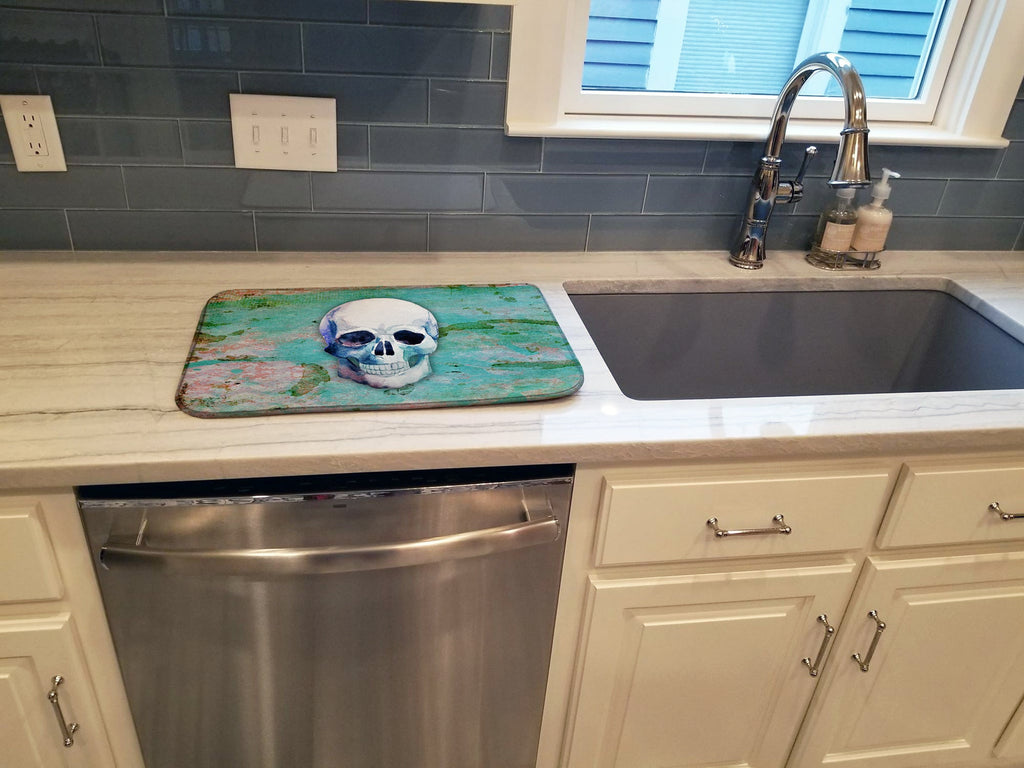 Day of the Dead Teal Skull Dish Drying Mat Absorbent Dish Drying Mat Pad for Kitchen Counter Dish Drainer Mat for Countertop, 14 x 21", Multicolor
