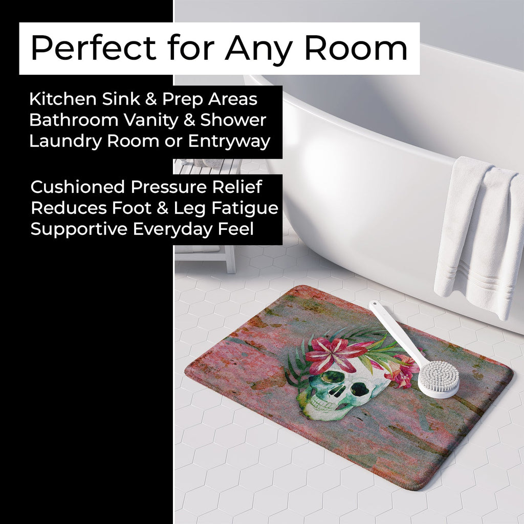 Day of the Dead Skull Flowers Memory Foam Kitchen Mat Machine Washable Anti-Fatigue Cushion Comfort Bath or Kitchen Rug