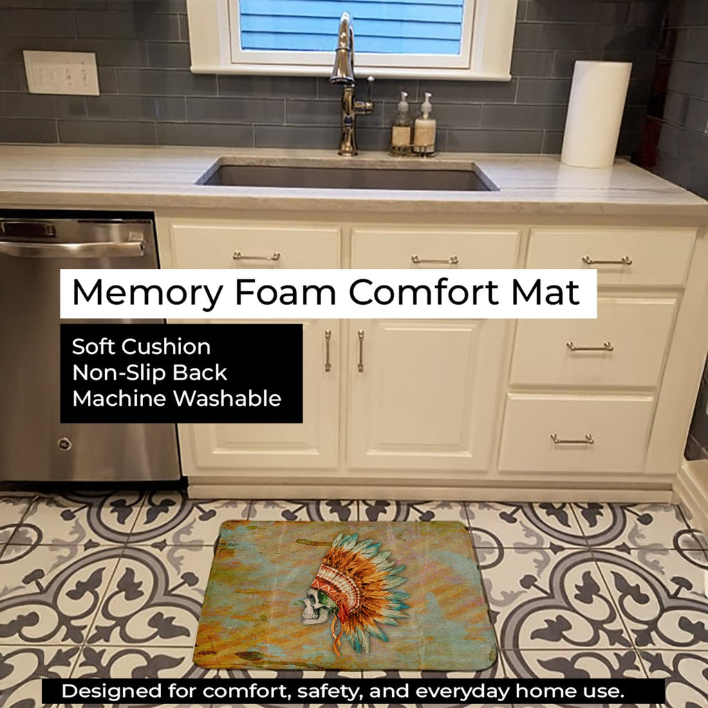 Day of the Dead Indian Skull  Memory Foam Kitchen Mat Machine Washable Anti-Fatigue Cushion Comfort Bath or Kitchen Rug
