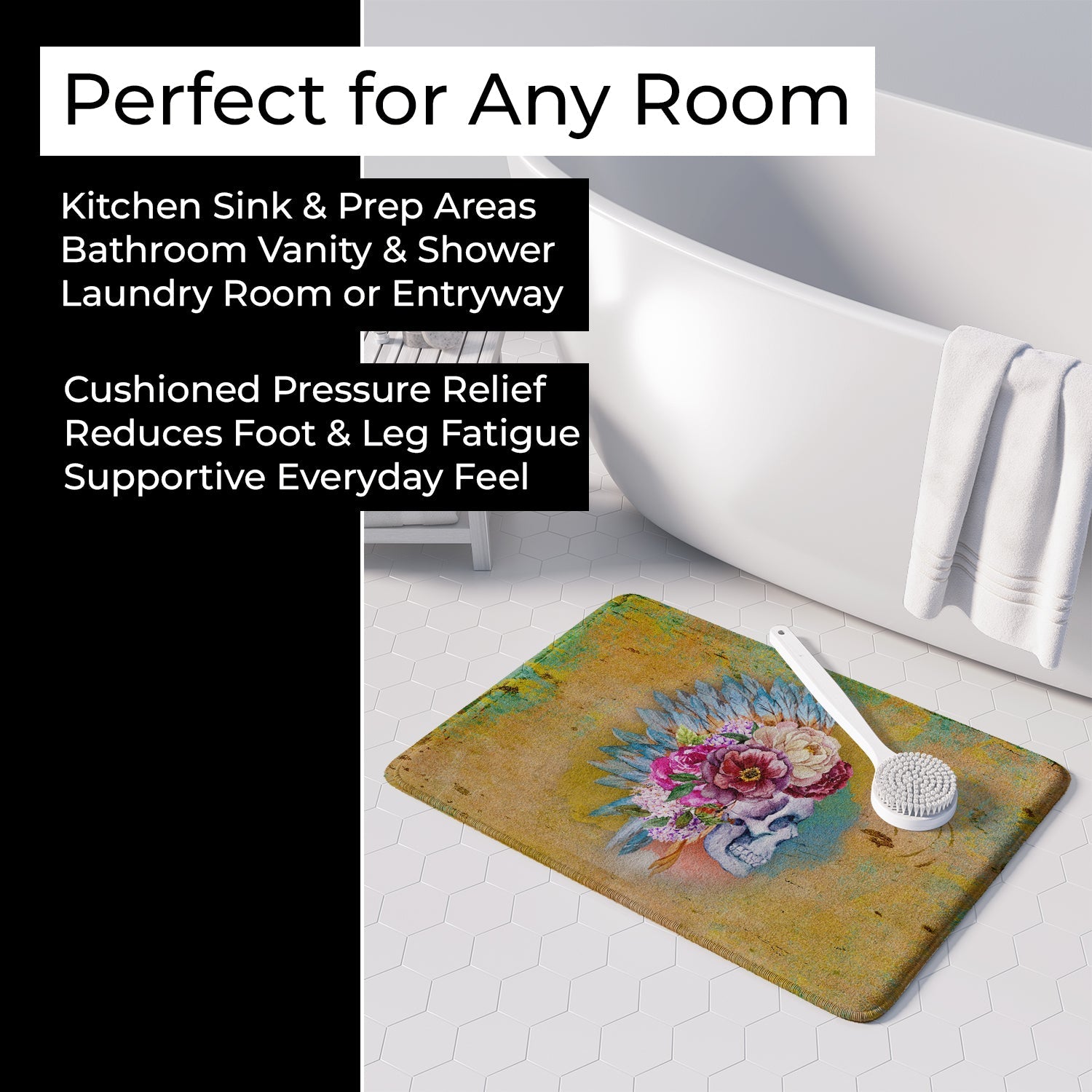 Day of the Dead Flowers Skull  Memory Foam Kitchen Mat Machine Washable Anti-Fatigue Cushion Comfort Bath or Kitchen Rug