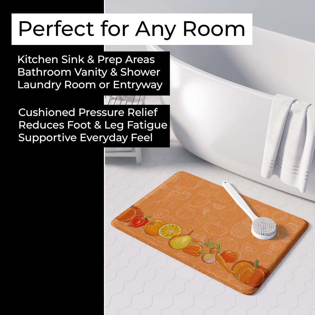 Fruits and Vegetables in Orange Memory Foam Kitchen Mat Machine Washable Anti-Fatigue Cushion Comfort Bath or Kitchen Rug