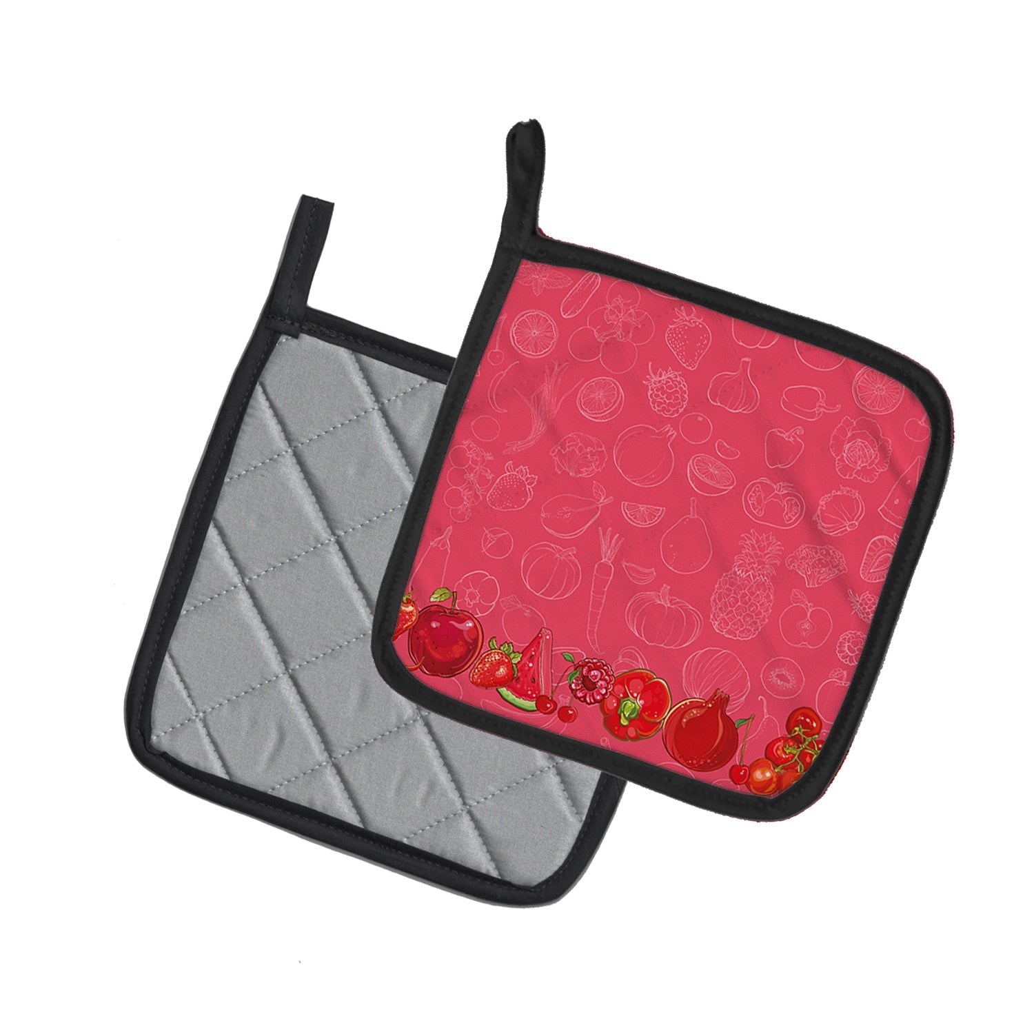 Fruits and Vegetables in Red Pot Holder Set of 2 Heat Resistant Quilted Hot Pads 7.5 x 7.5 Inch, Insulated Kitchen Trivets for Cooking & Baking