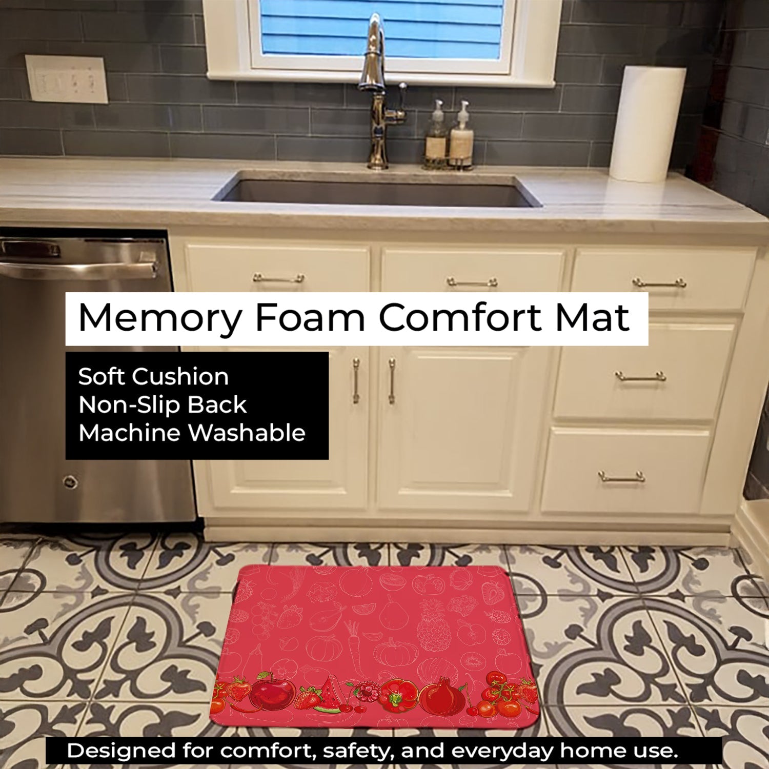 Fruits and Vegetables in Red Memory Foam Kitchen Mat Machine Washable Anti-Fatigue Cushion Comfort Bath or Kitchen Rug