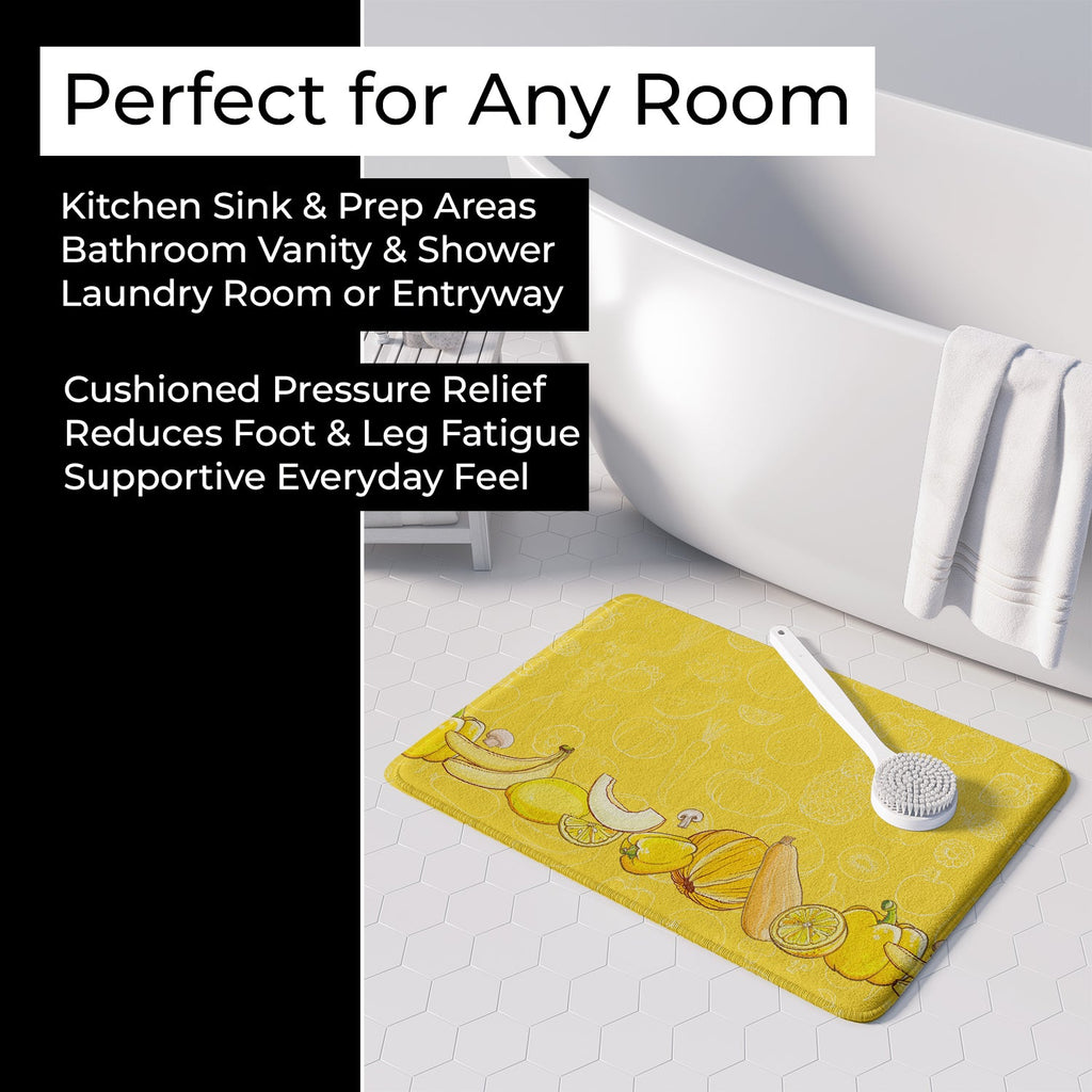 Fruits and Vegetables in Yellow Memory Foam Kitchen Mat Machine Washable Anti-Fatigue Cushion Comfort Bath or Kitchen Rug