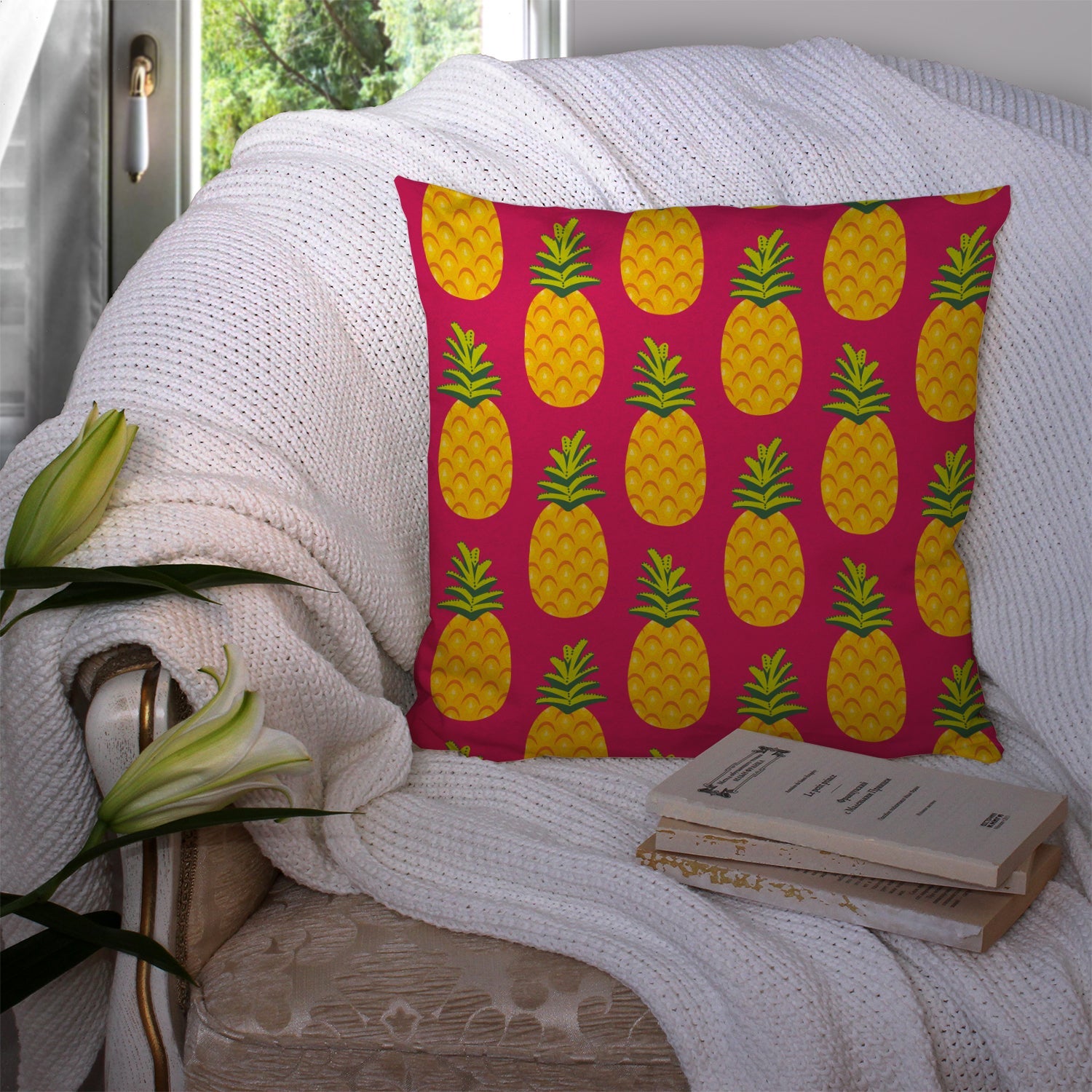 Pineapples on Pink Decorative Throw Pillow 14x14 Indoor Outdoor Accent Cushion, Fabric Cover with Insert for Sofa, Bed, Porch & Living Room