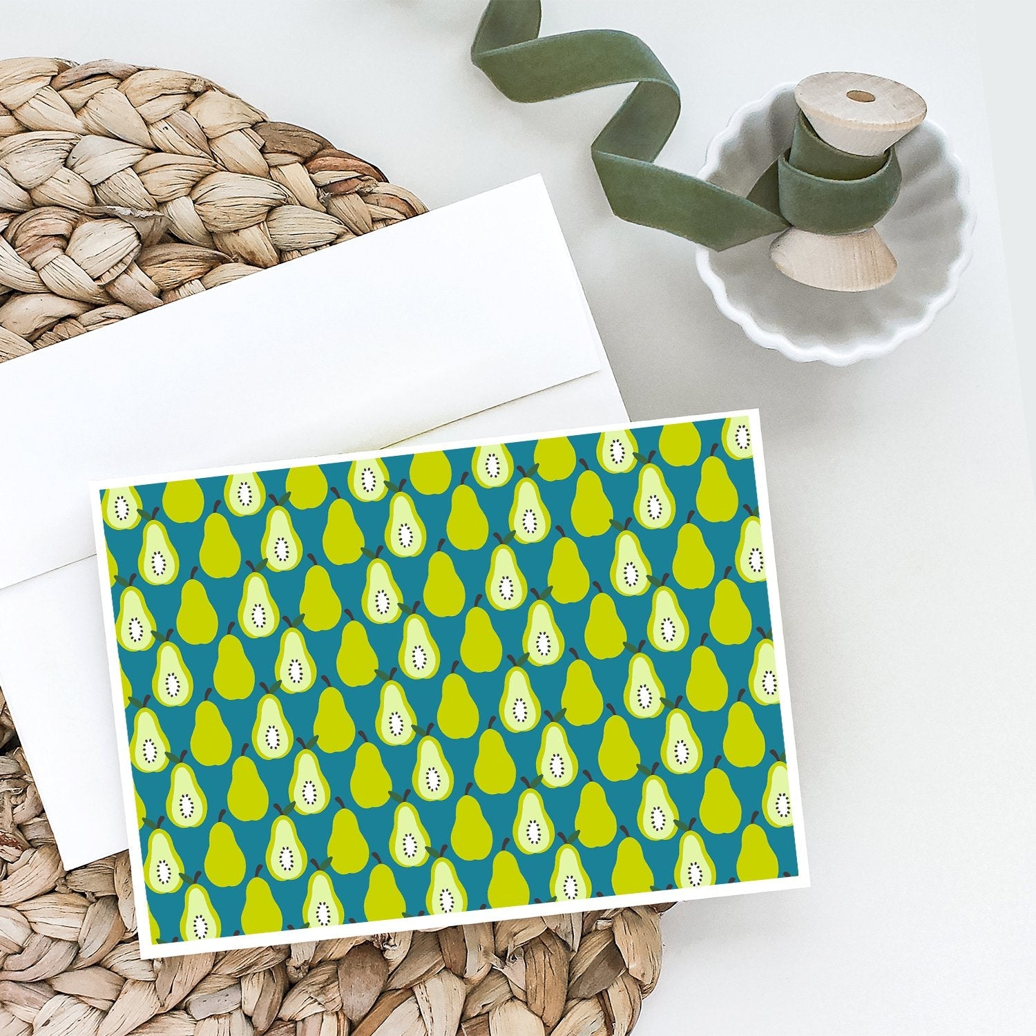Pears on Green Greeting Cards Pack of 8 Blank Cards with Envelopes Whimsical A7 Size 5x7