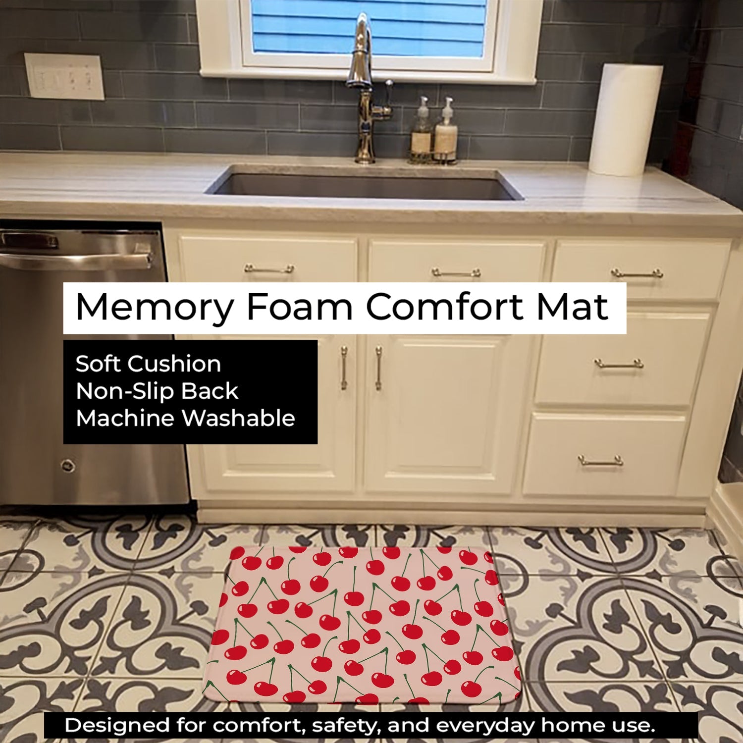 Cherries on Pink Memory Foam Kitchen Mat Machine Washable Anti-Fatigue Cushion Comfort Bath or Kitchen Rug