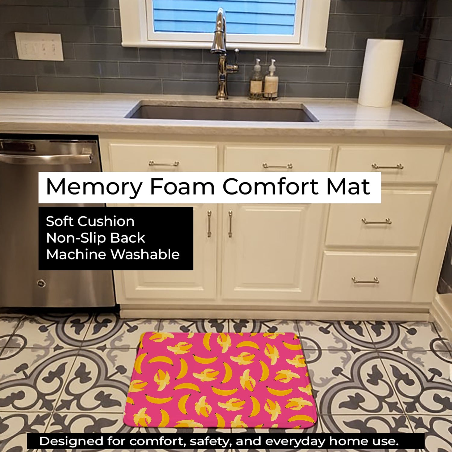 Bananas on Pink Memory Foam Kitchen Mat Machine Washable Anti-Fatigue Cushion Comfort Bath or Kitchen Rug