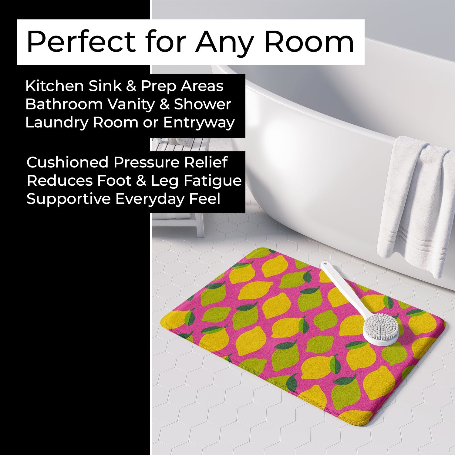 Lemons and Limes on Pink Memory Foam Kitchen Mat Machine Washable Anti-Fatigue Cushion Comfort Bath or Kitchen Rug