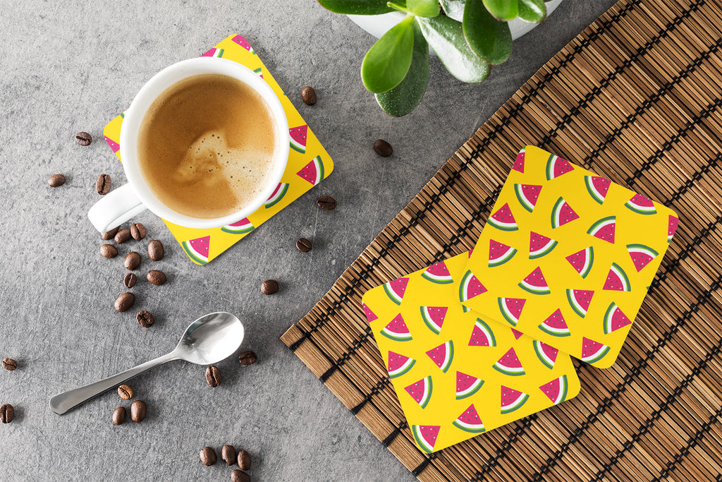 Watermelon on Yellow Foam Coasters Set of 4 Cup Coasters for Indoor Outdoor, Tabletop Protection, Anti Slip, Mouse pad Material