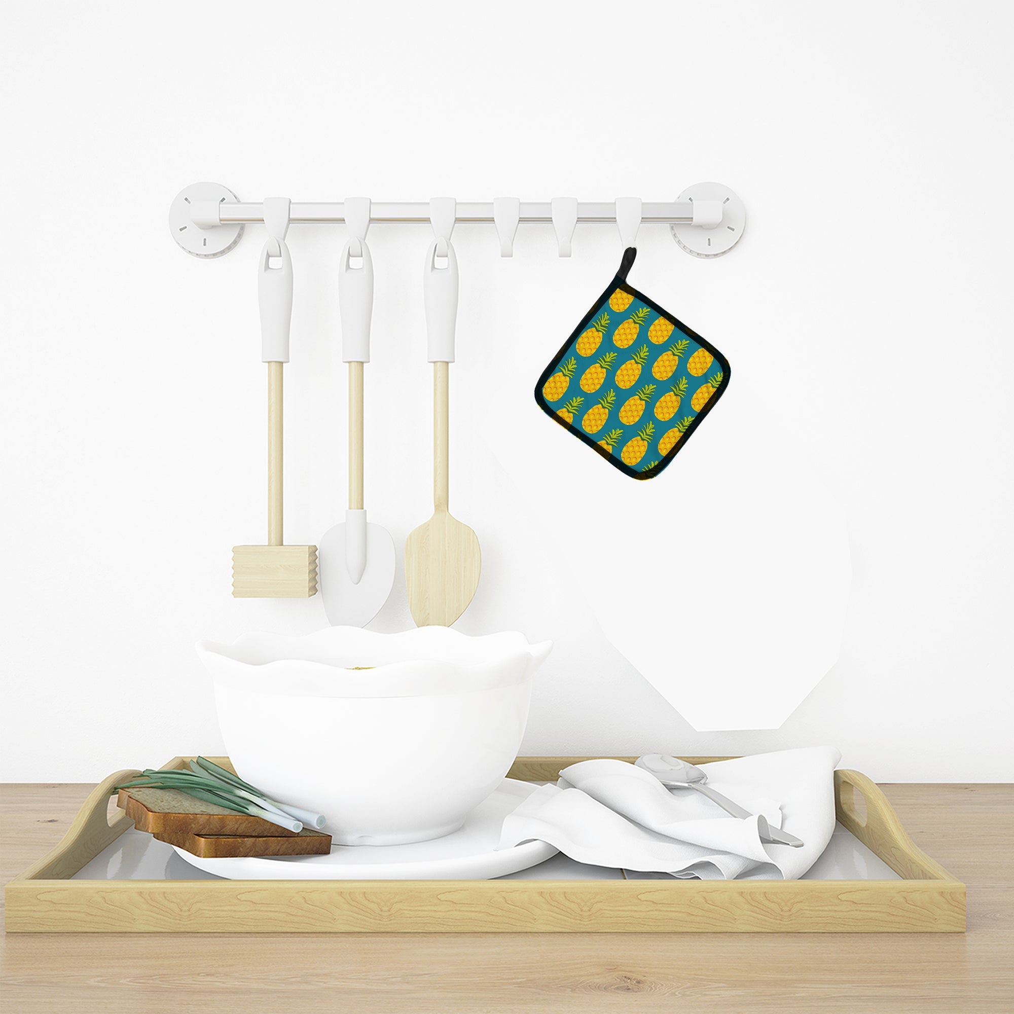 Pineapples on Teal Pot Holder Set of 2 Heat Resistant Quilted Hot Pads 7.5 x 7.5 Inch, Insulated Kitchen Trivets for Cooking & Baking