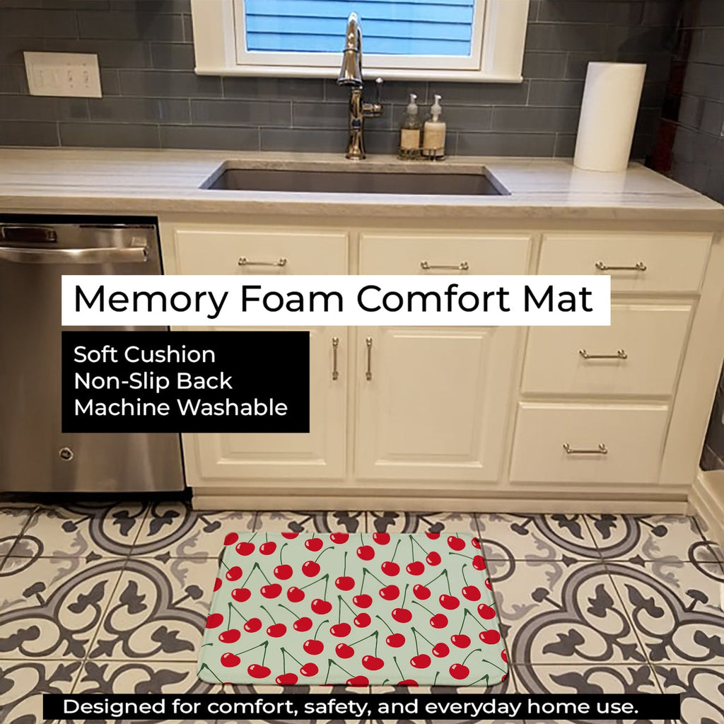 Cherries on Blue Memory Foam Kitchen Mat Machine Washable Anti-Fatigue Cushion Comfort Bath or Kitchen Rug