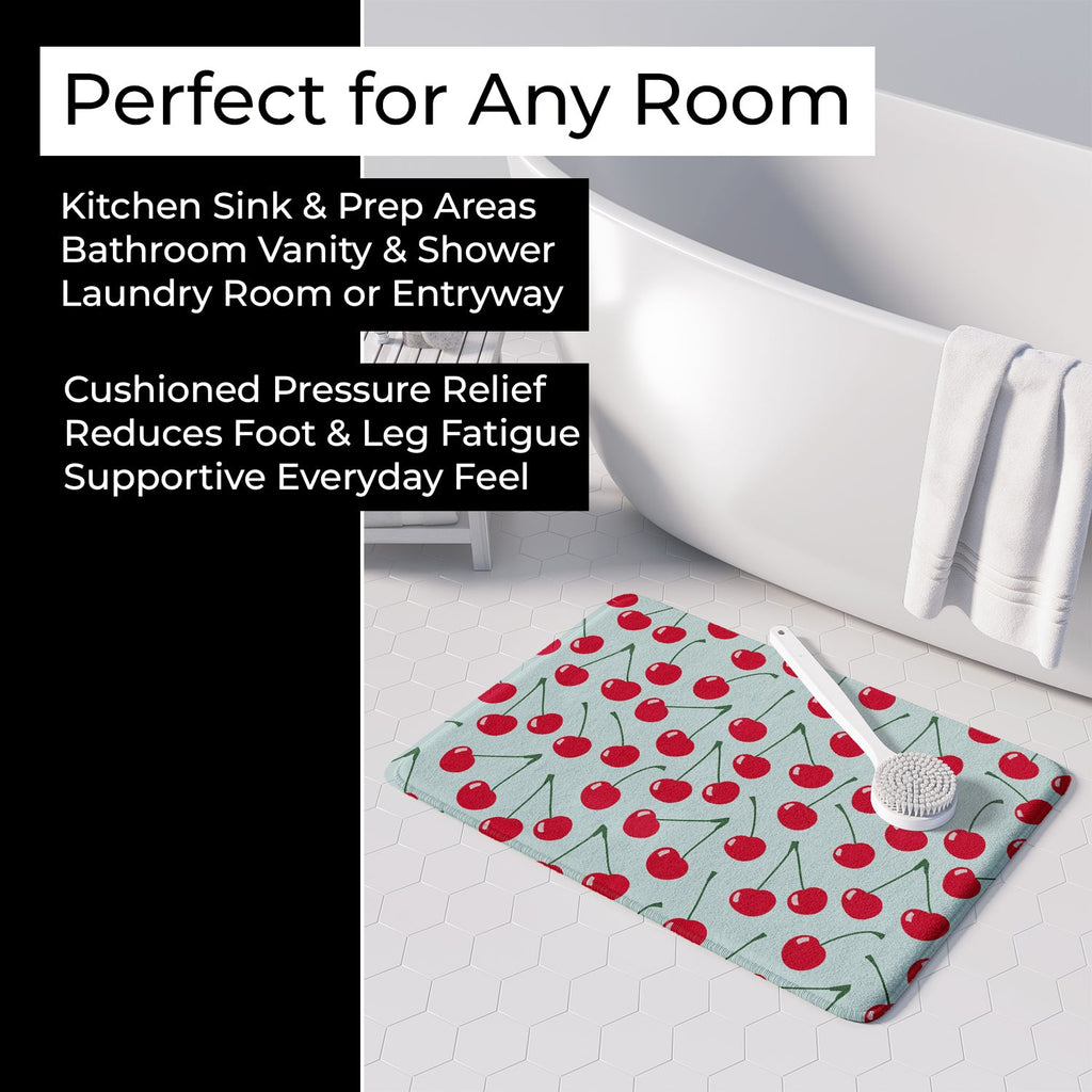 Cherries on Blue Memory Foam Kitchen Mat Machine Washable Anti-Fatigue Cushion Comfort Bath or Kitchen Rug
