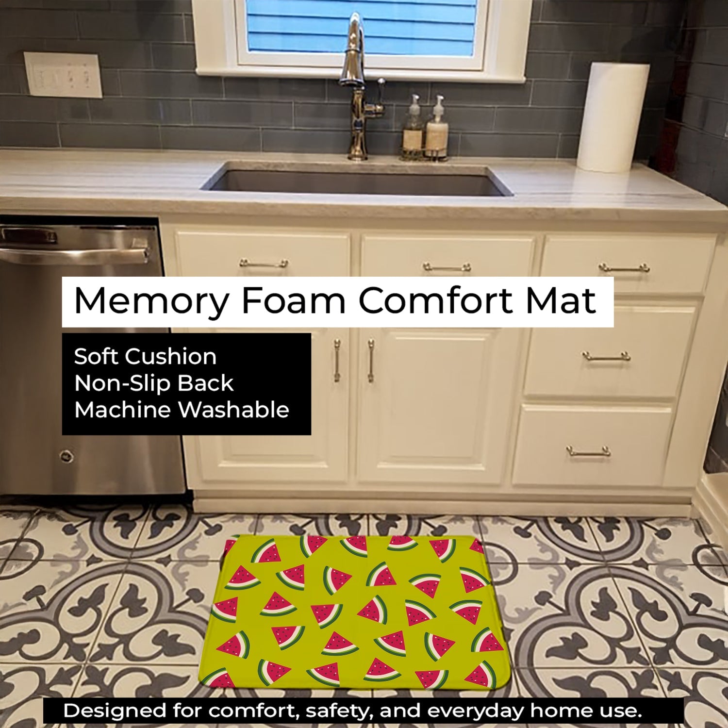 Watermelon on Lime Green Memory Foam Kitchen Mat Machine Washable Anti-Fatigue Cushion Comfort Bath or Kitchen Rug