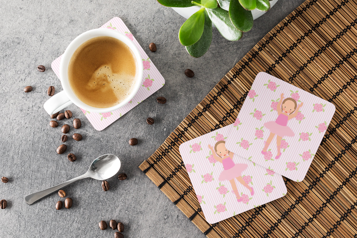 Ballerina Brown Hair Ponytails Foam Coasters Set of 4 Cup Coasters for Indoor Outdoor, Tabletop Protection, Anti Slip, Mouse pad Material