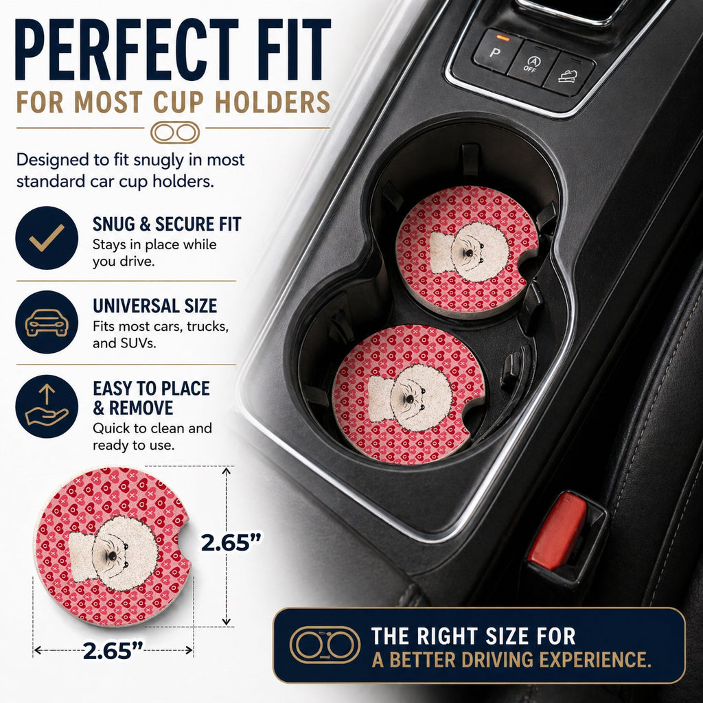Bichon Frise Set of 2 Cup Holder Car Coasters Absorbent Round Sandstone Coasters Gifts for Men or Women, 2.5, Multicolor